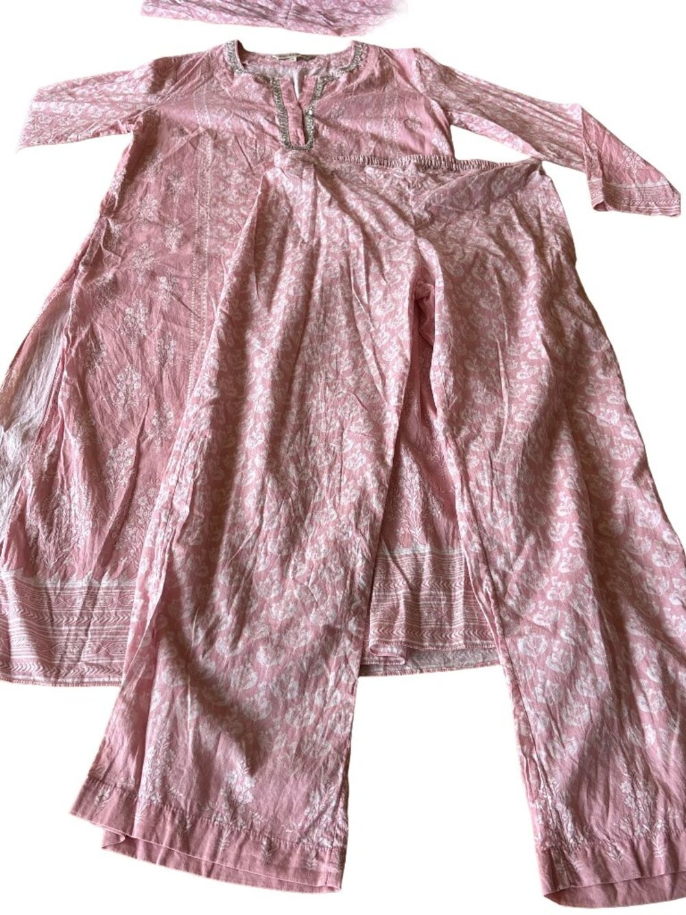 Anita Dongre Pink White Floral Embroidered Kurta Tunic Pant Set Stole Scarf M